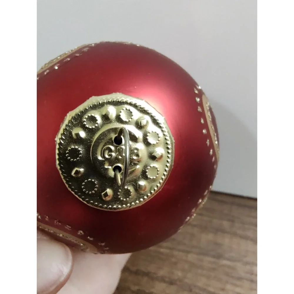G&B Red Glass Ball Christmas Ornament Lot Of 2 Gold Glitter Scroll Pattern A17